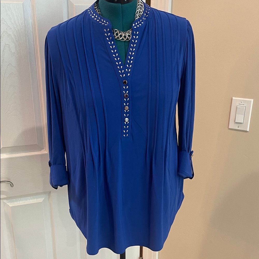 Daniel Rainn Royal Blue Pleated Tunic Blouse with Studded V-Neck